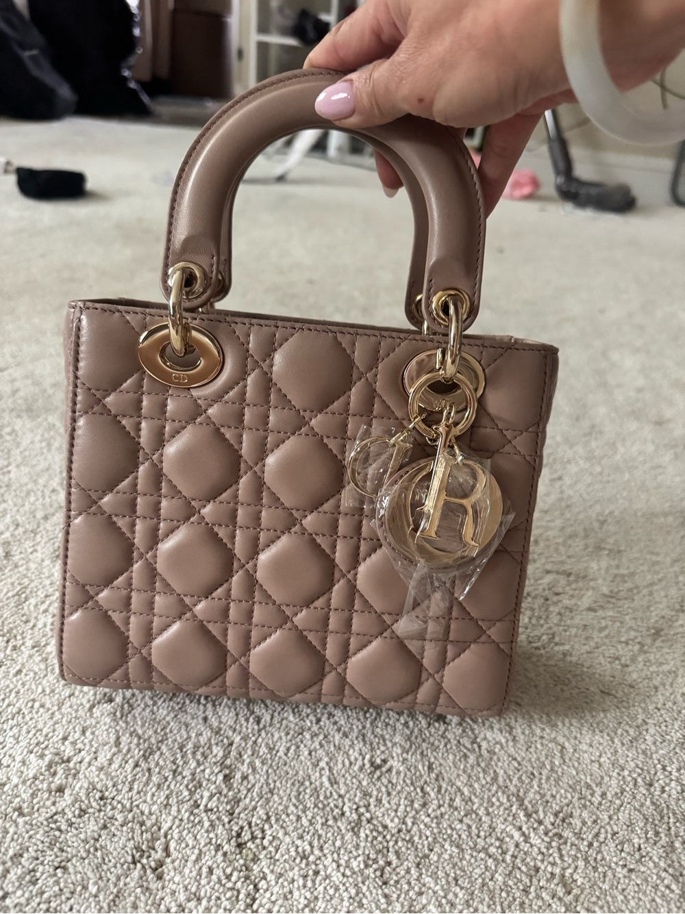 Dior Mini Top-Handle Quilted Bag in Pink Taupe with Gold Hardware